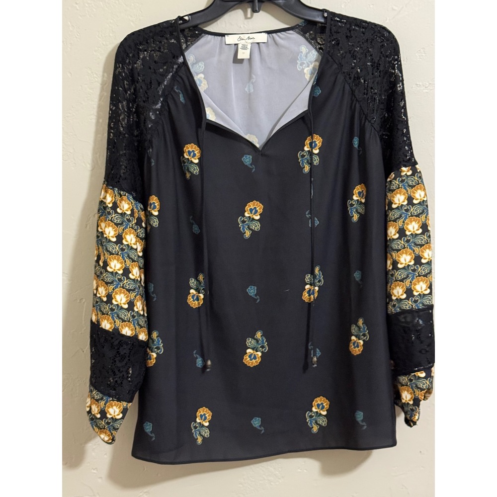 Ella Moss Blouse Size M - Black Floral Boho Top - Lace Sleeves Tie Neck